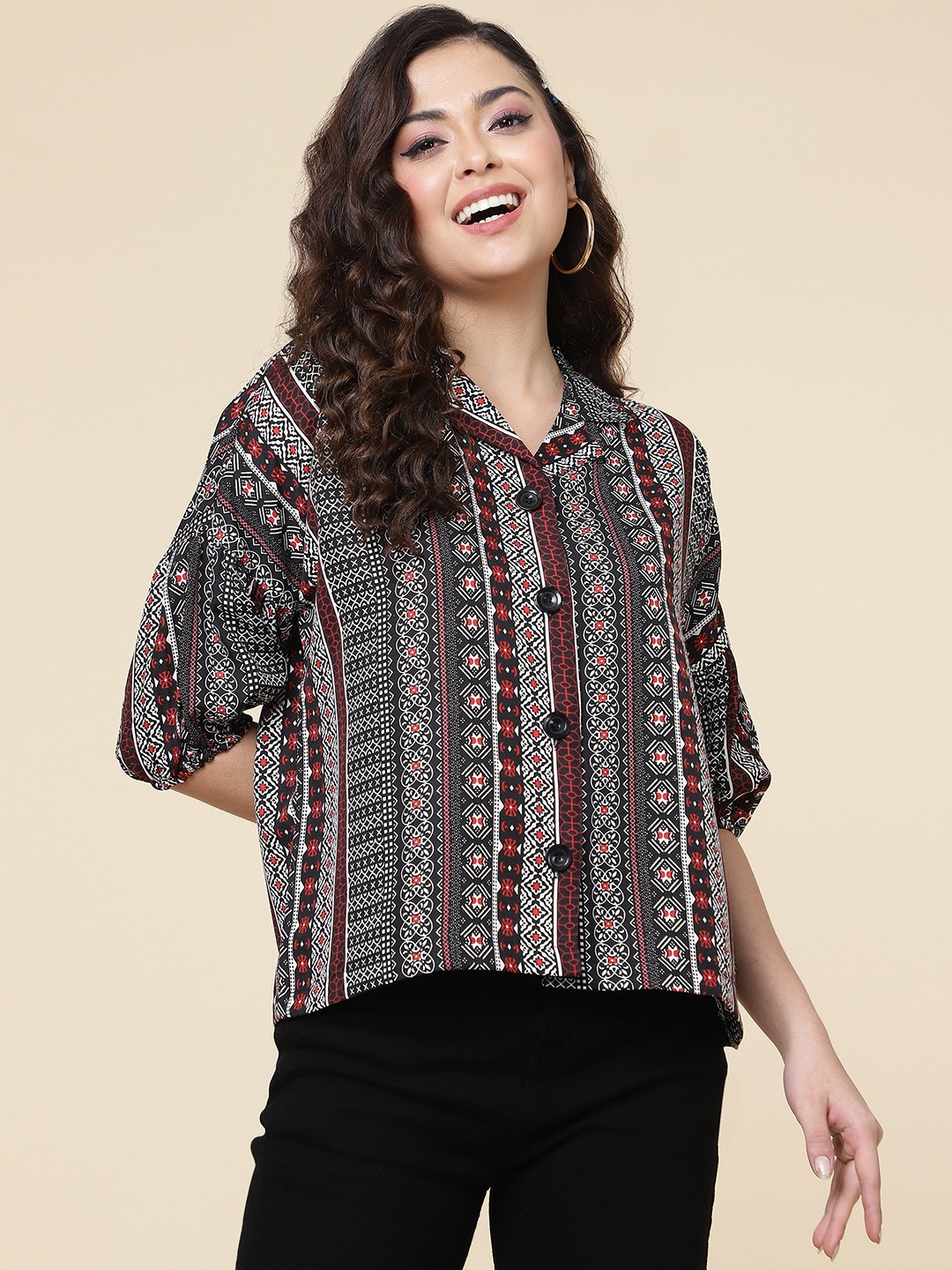 For Women Rayon Printed Casual Wear Black Colour Shirt