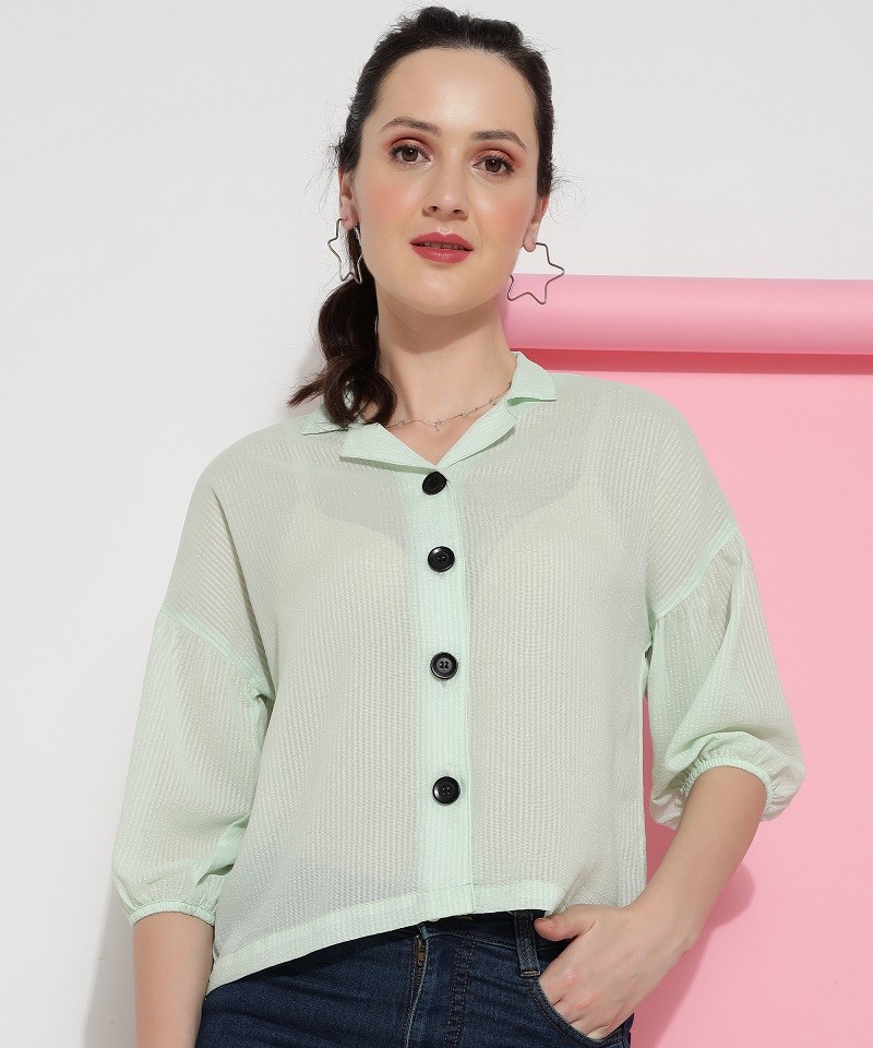 For Women Casual Wear Green Plain Shirt