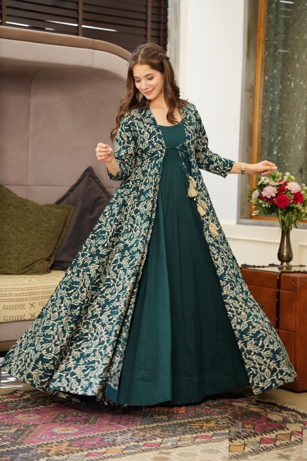 Dark Green Anarkali Kurti with Blooming Floral Print