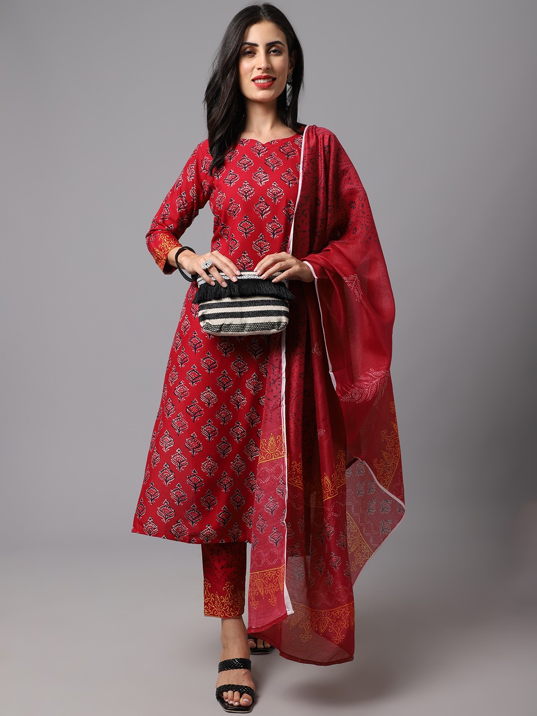 Fancy Wear Kurti Set With Red Colour Bottom Dupatta