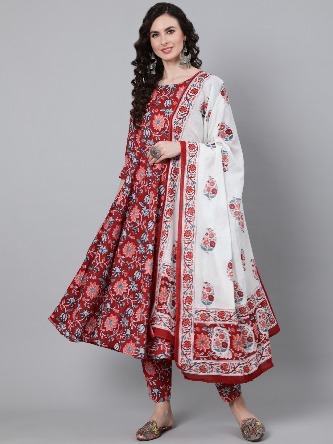 Fancy Red and White Kurta Set with Dupatta and Bottom Wear