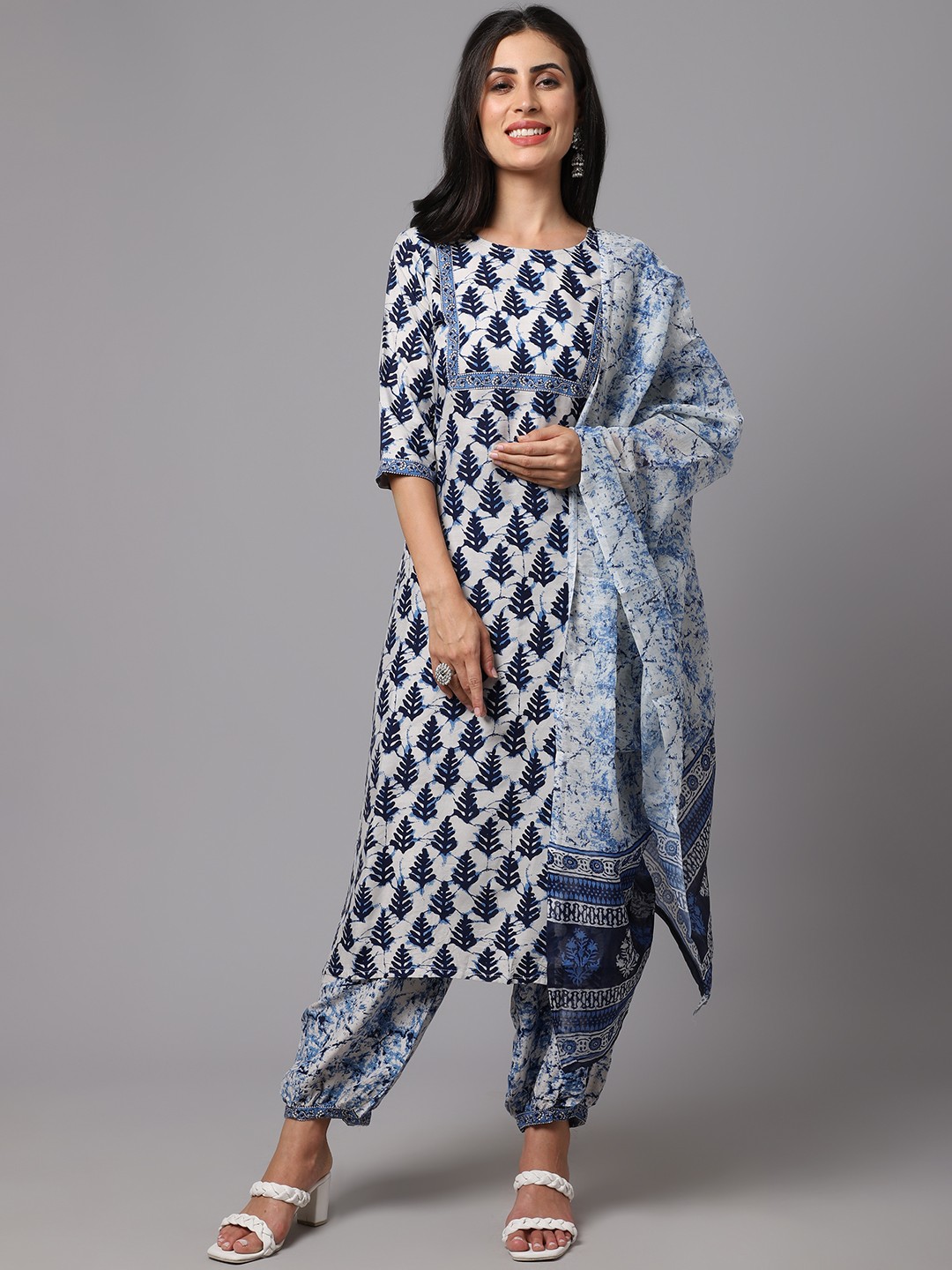 Printed Blue and White Fancy Kurti Set With Bottom Dupatta