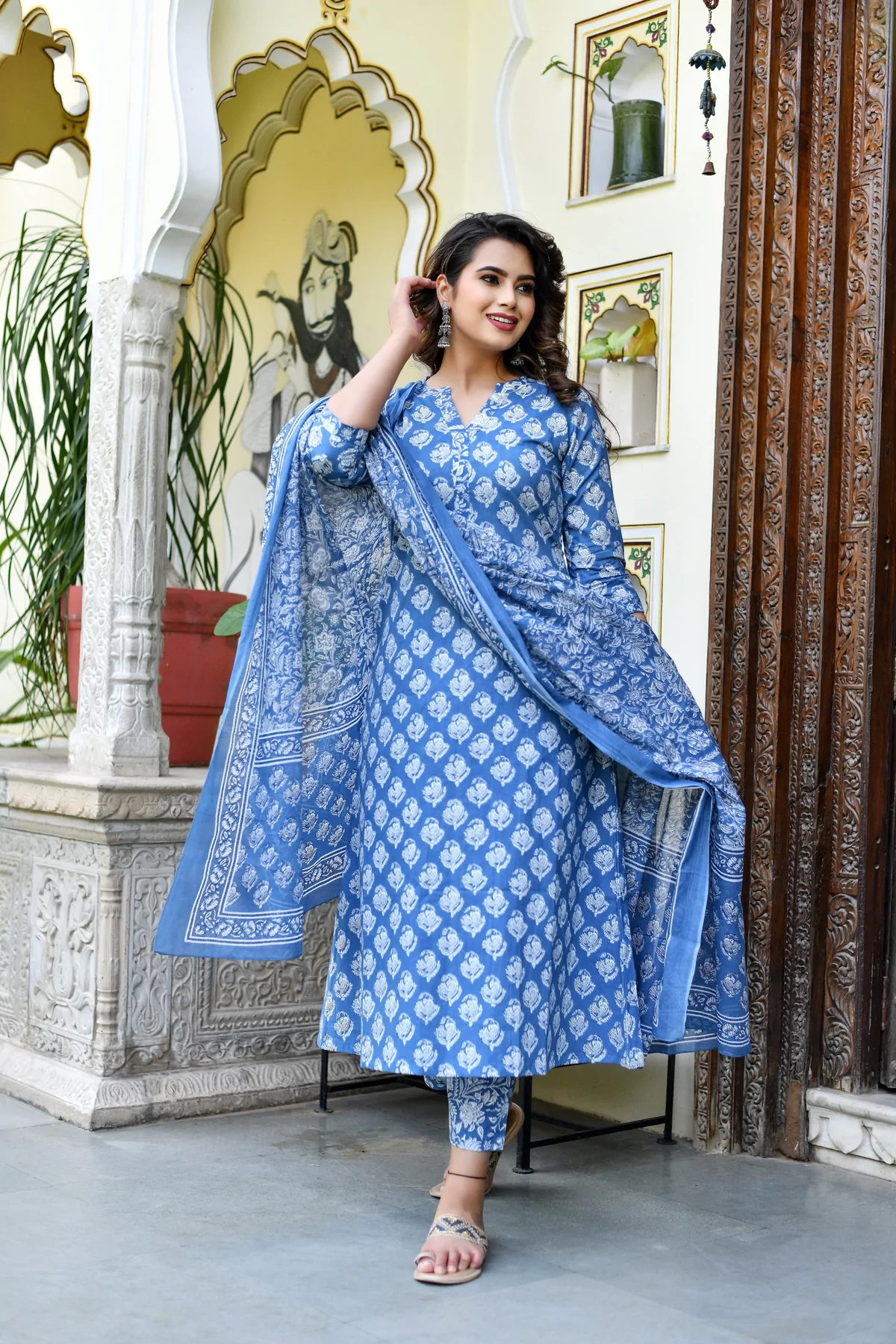 Printed Royal Blue Fancy Kurti Set With Bottom Dupatta