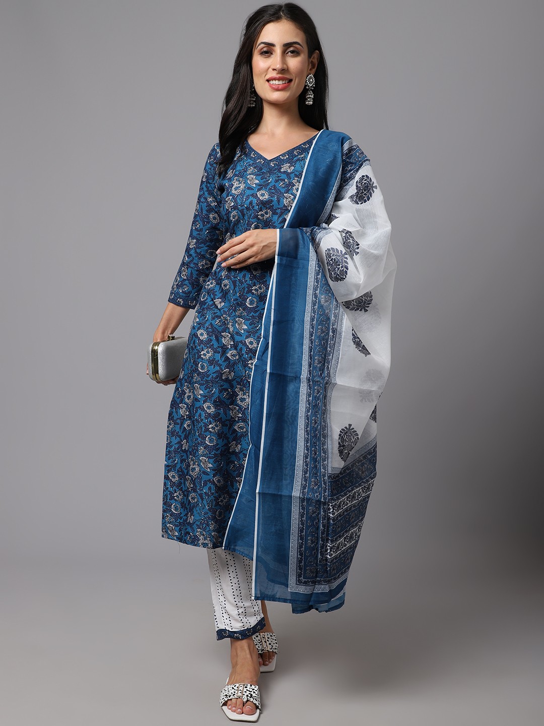 Printed Dark Blue & White Fancy Kurti Set With White Bottom & Dupatta