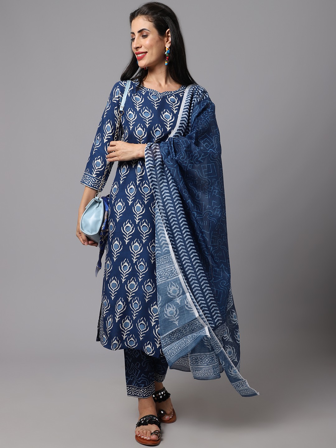 Printed Neavy Blue Fancy Kurti Set With Neavy Blue Bottom & Dupatta