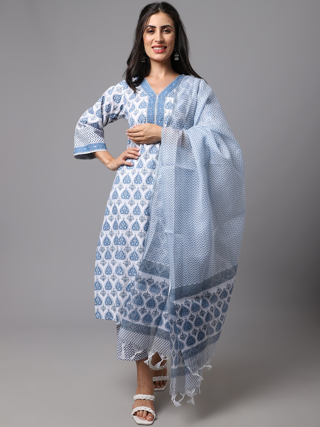 Printed Sky Blue & White Fancy Kurti Set With Bottom & Dupatta