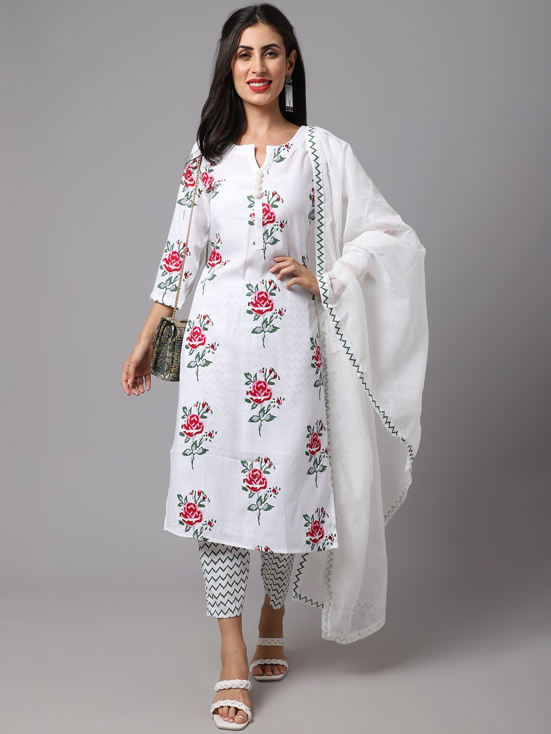 Fancy White Floral Printed Kurti Set With Bottom & Dupatta