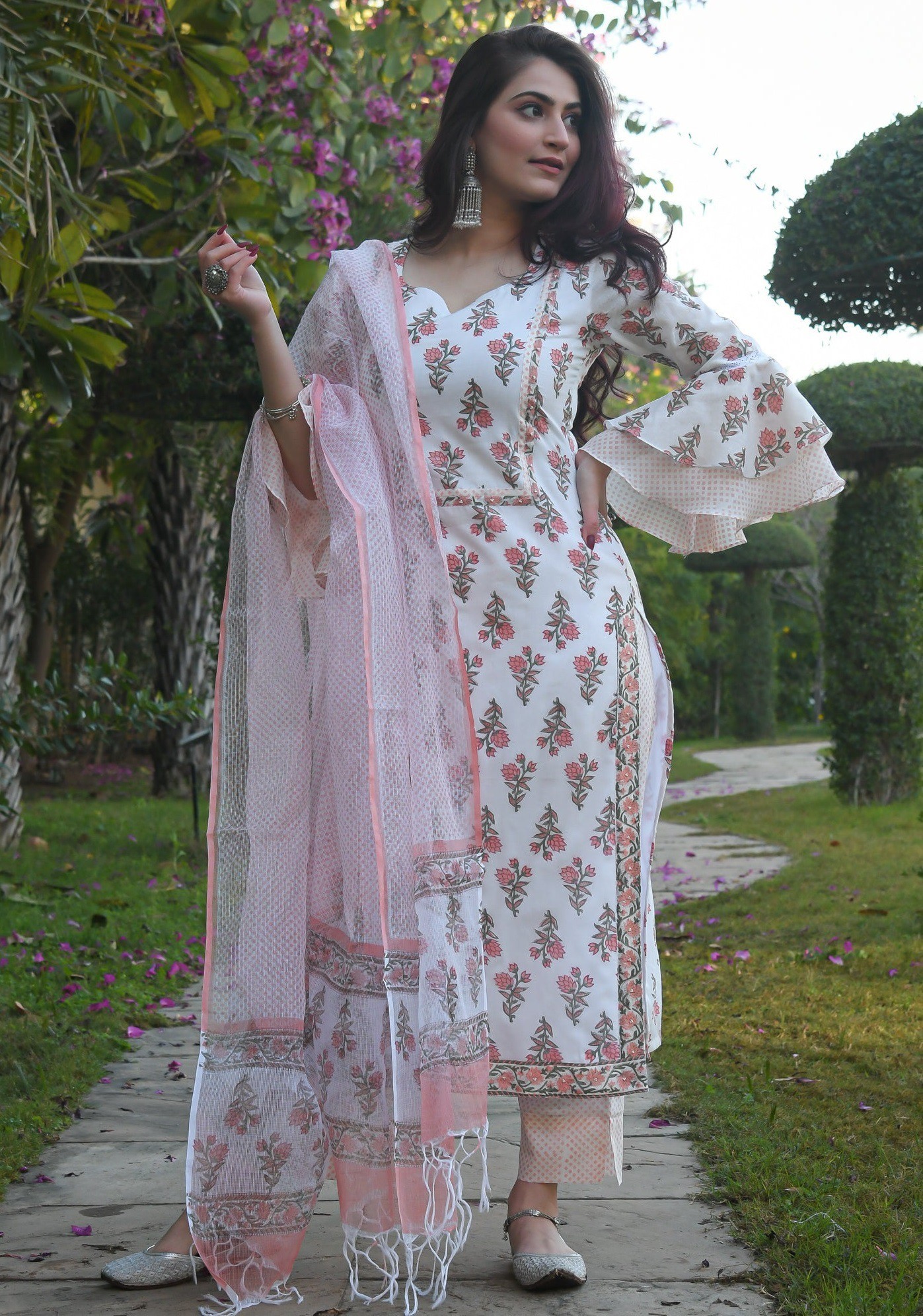 Fancy White & Baby Pink Printed Kurti Set with Bottom & Dupatta