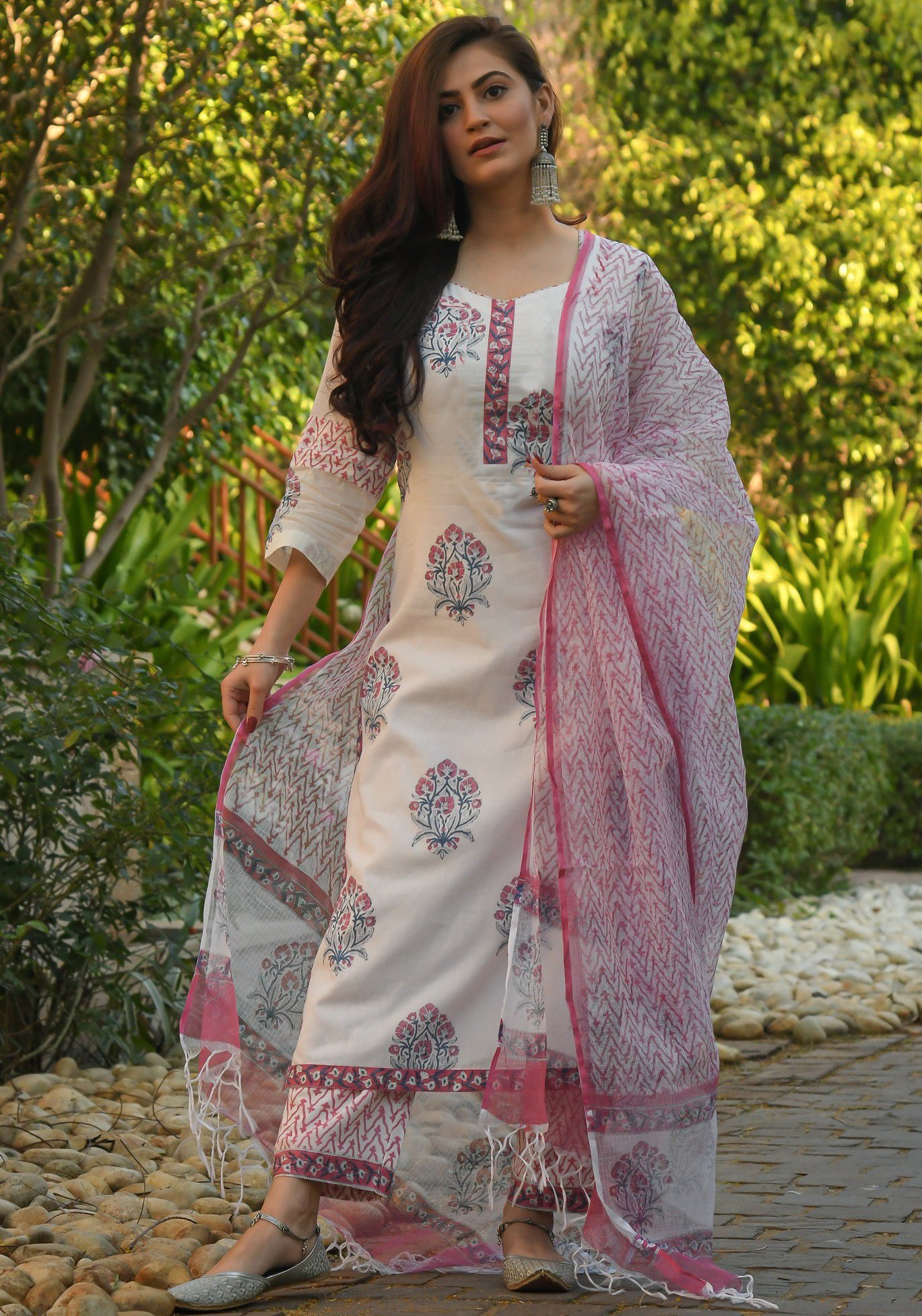 Fancy White & Magenta Printed Kurti Set with Bottom & Dupatta