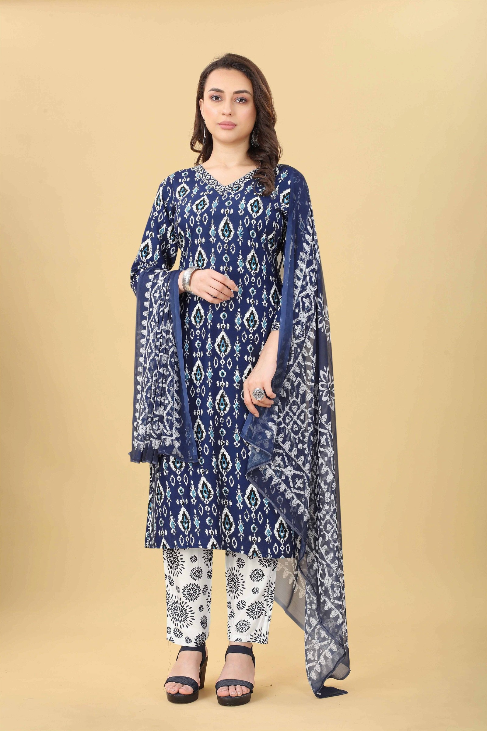 Fancy Blue Printed Kurti Set with Bottom Dupatta