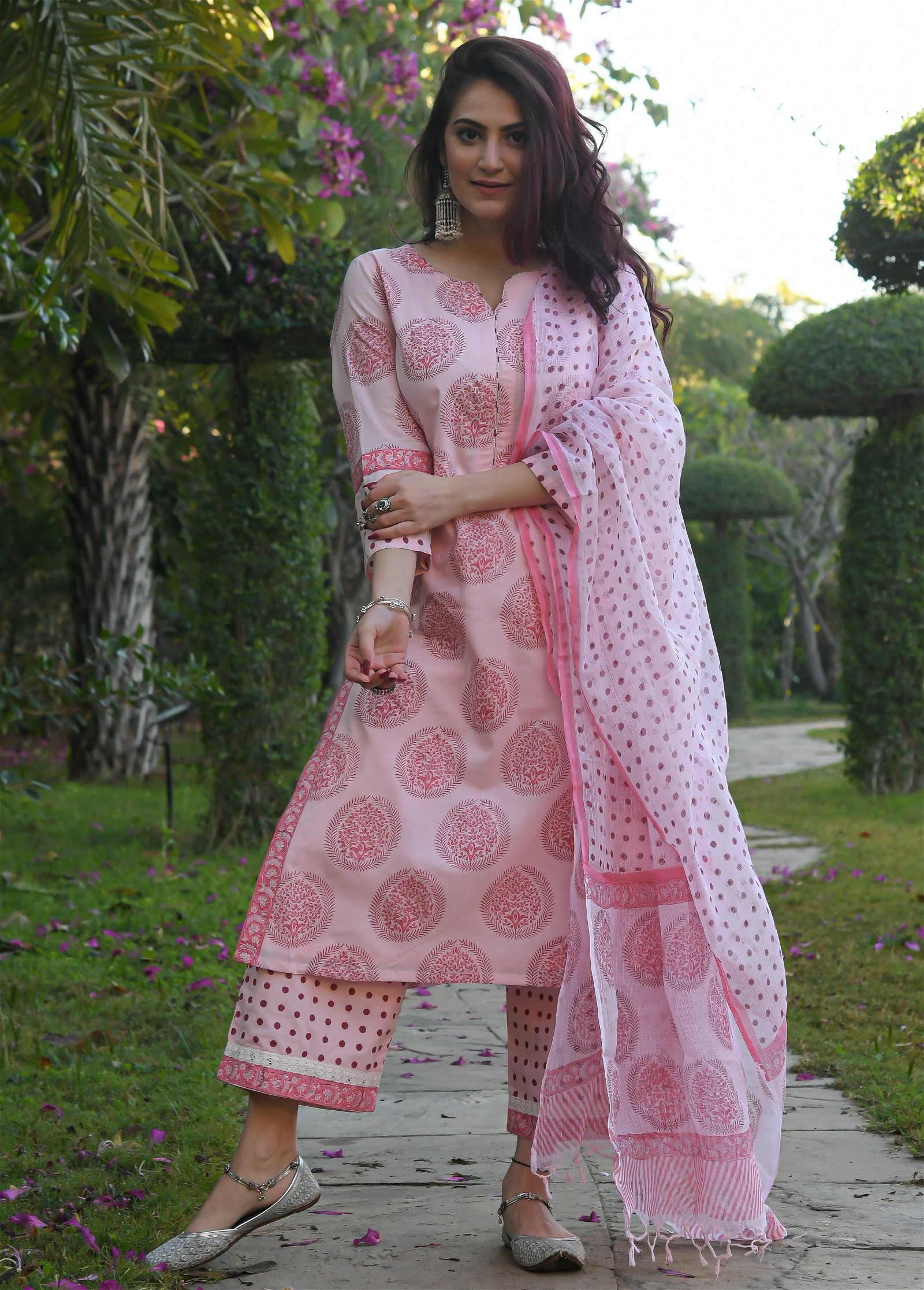 Fancy Baby Pink Printed Kurti Set with Bottom Dupatta