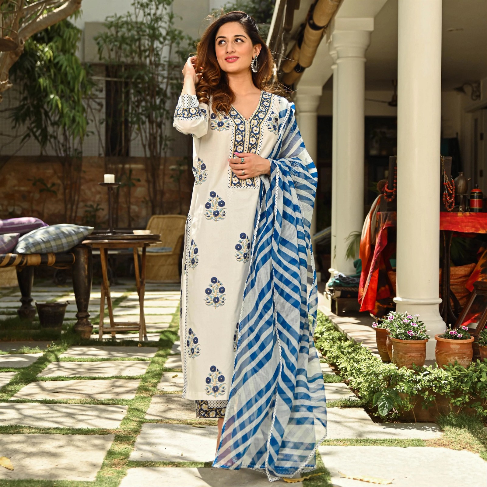 Fancy White & Blue Kurti Set with Bottom Dupatta