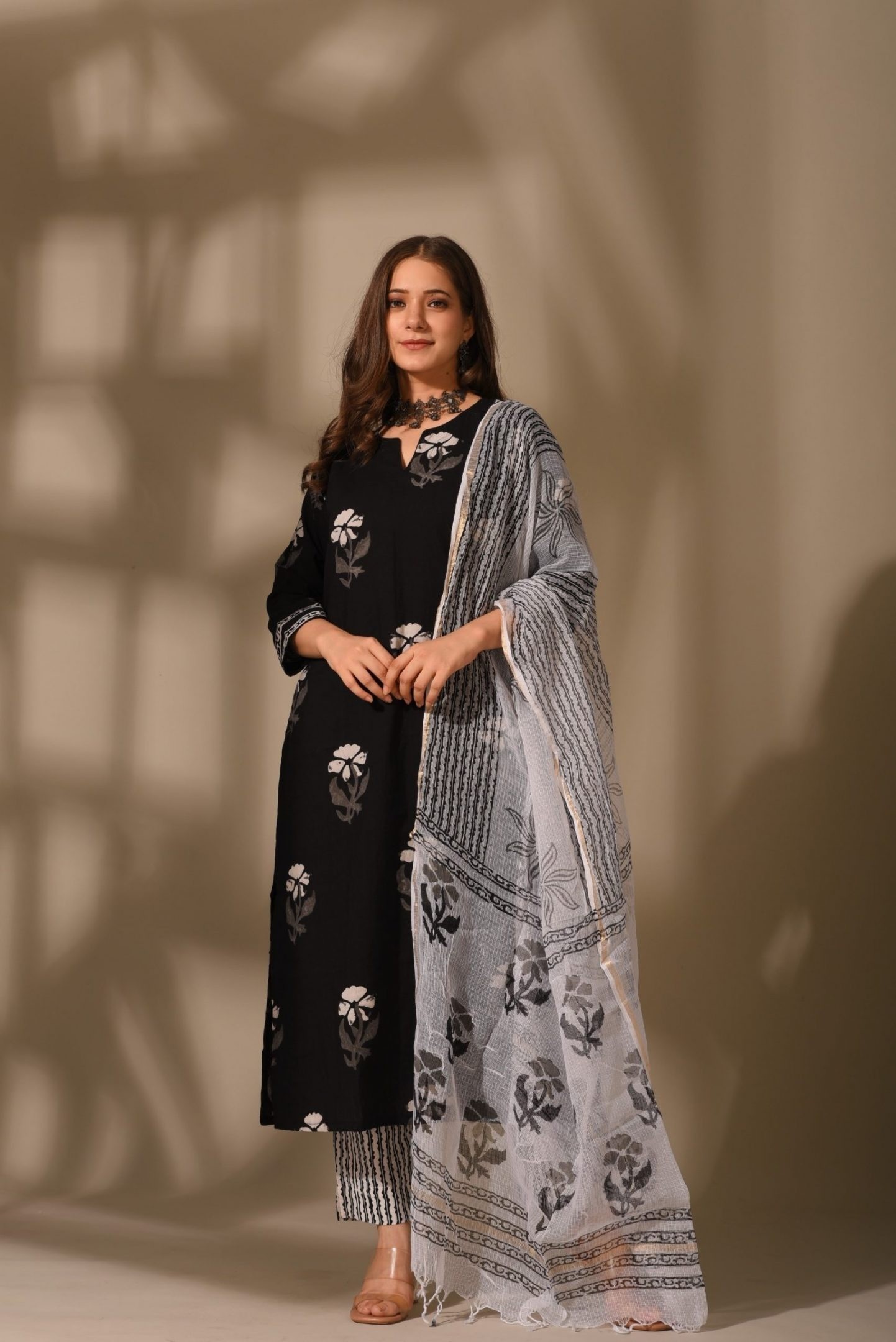 Light Grey & Black Fancy Kurti Set with Bottom and Dupatta