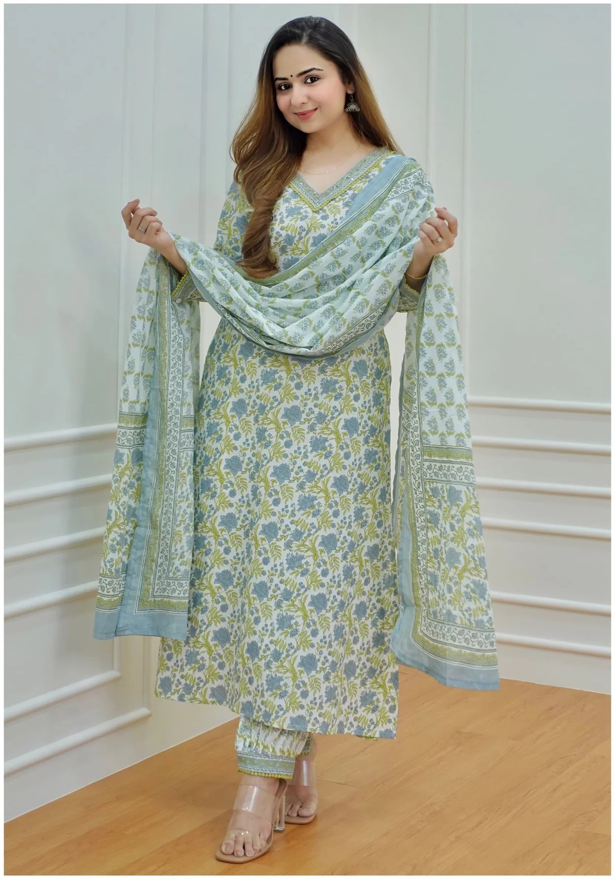 Floral Printed Green Kurti Set With Matching Dupatta and Bottom Wear