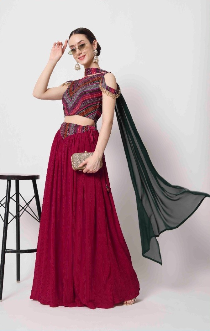 Party Wear Deep Pink Crush Pattern Lehenga