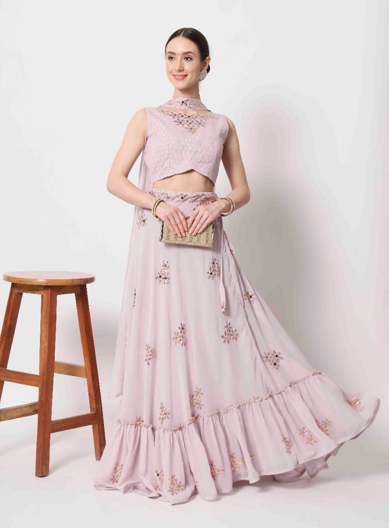 Party Wear Dusty Pink Crush Pattern Lehenga