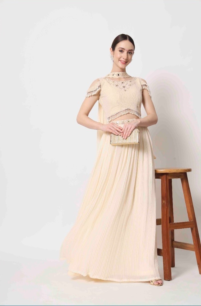 Party Wear Beige Pattern Lehenga