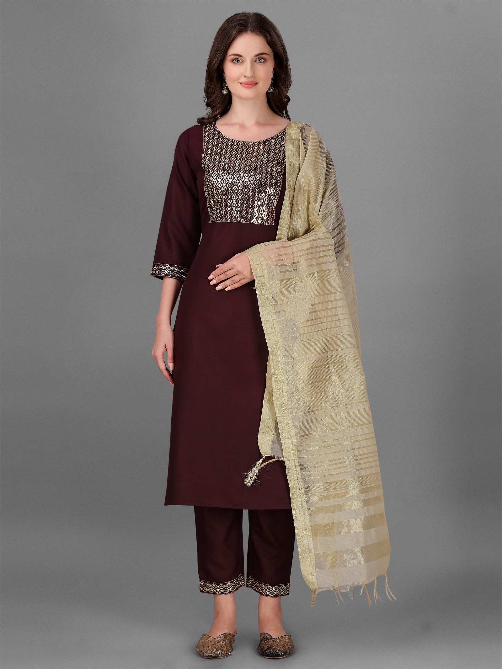 Maroon Colour Women's Cotton Kurta Pant Set With Dupatta