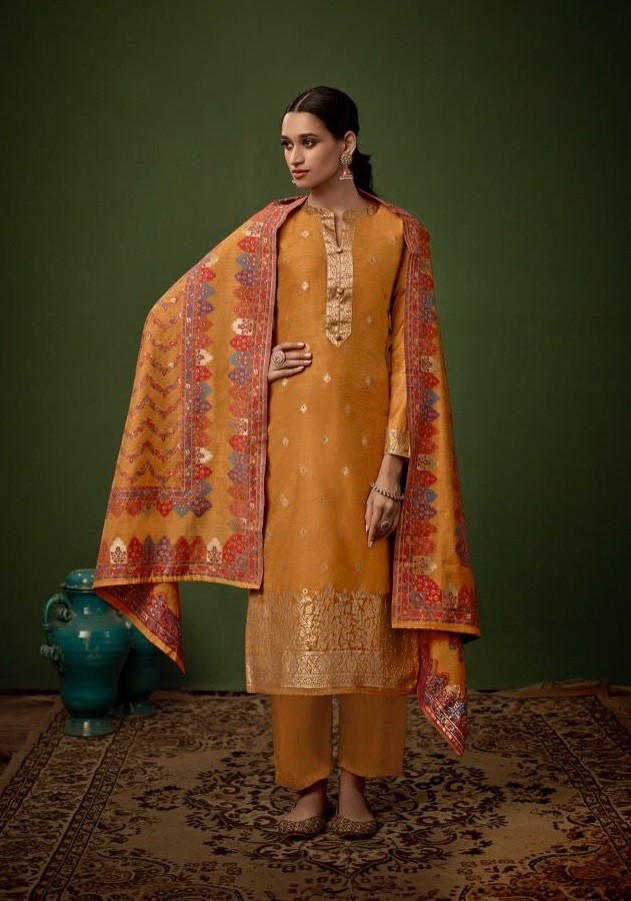 Festive Collection Of Yellow Jacquard Silk Dress Material