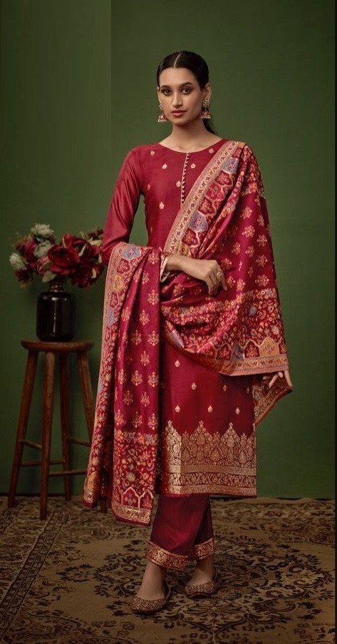 Festive Collection Of Red Jacquard Silk Dress Material