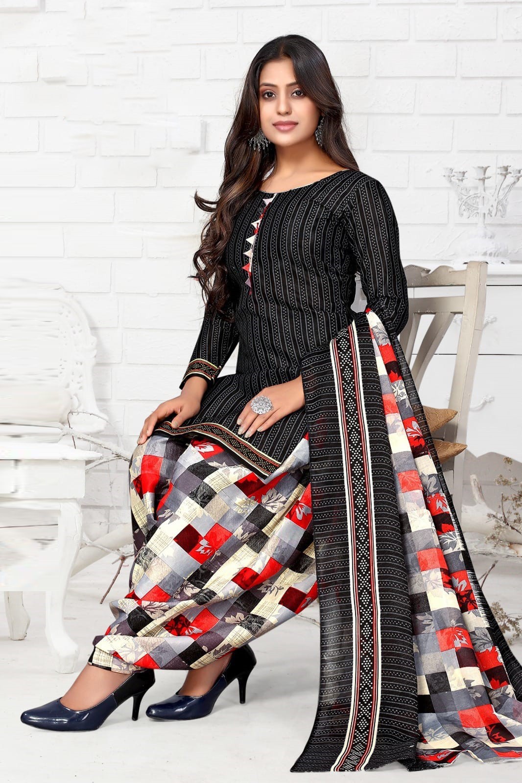 Dress Material Black Patiyala Cotton For Women