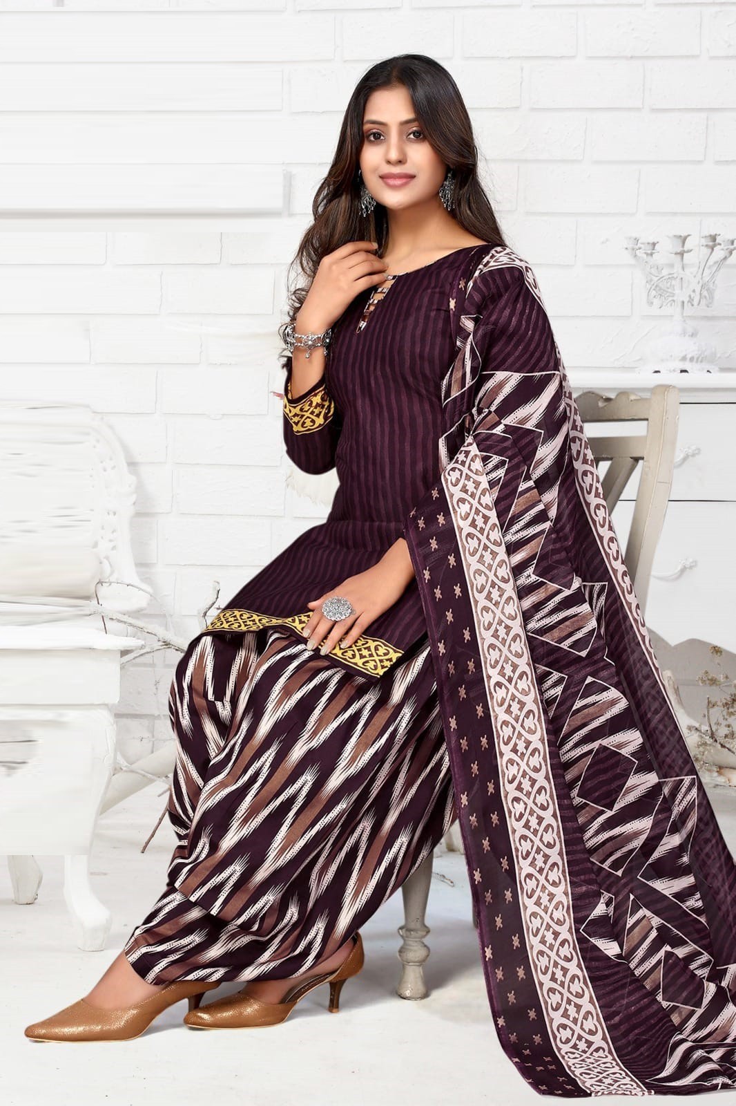 Dress Material Brown Patiyala Cotton For Women