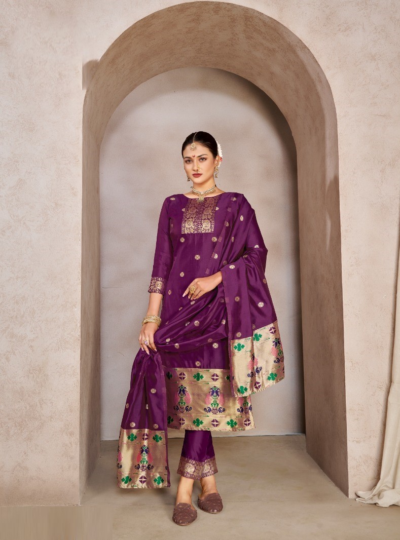 Designer Dress Material Purple Pure Tapeta Silk