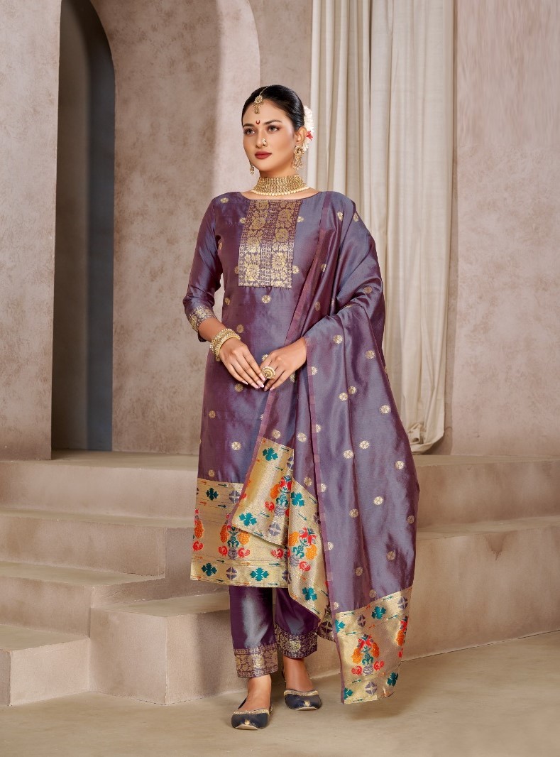 Designer Dress Material Purple Grey Pure Tapeta Silk