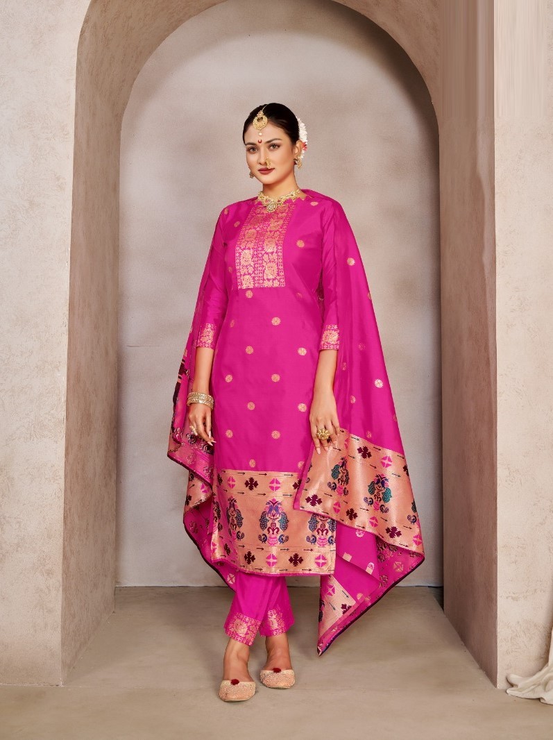 Designer Dress Material Vivid Cerise Pure Tapeta Silk