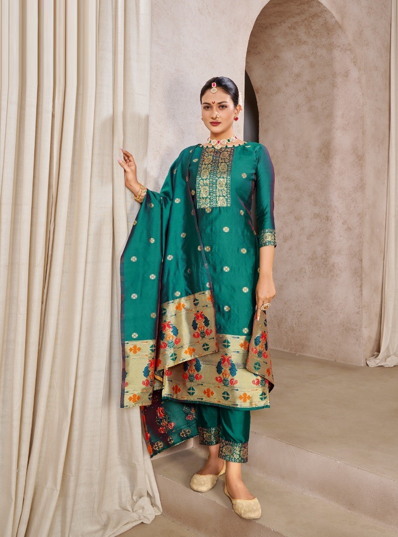 Pure Tapeta Silk Pine Green Designer Dress Material