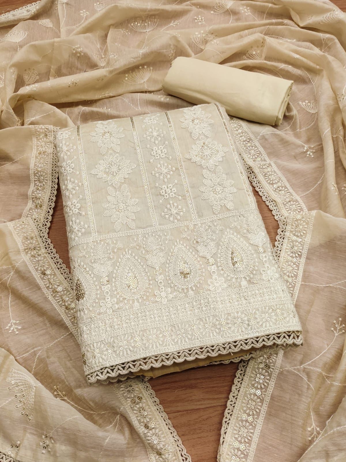 Beige Premium Banarasi Jacquard Dress Material