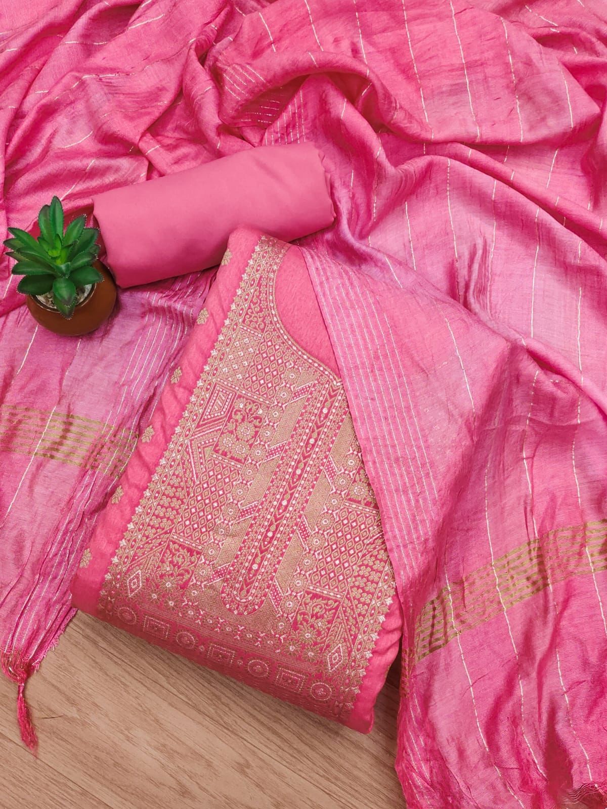 Dress Material Chanderi Jacquard Silk Dyable Rose Pink