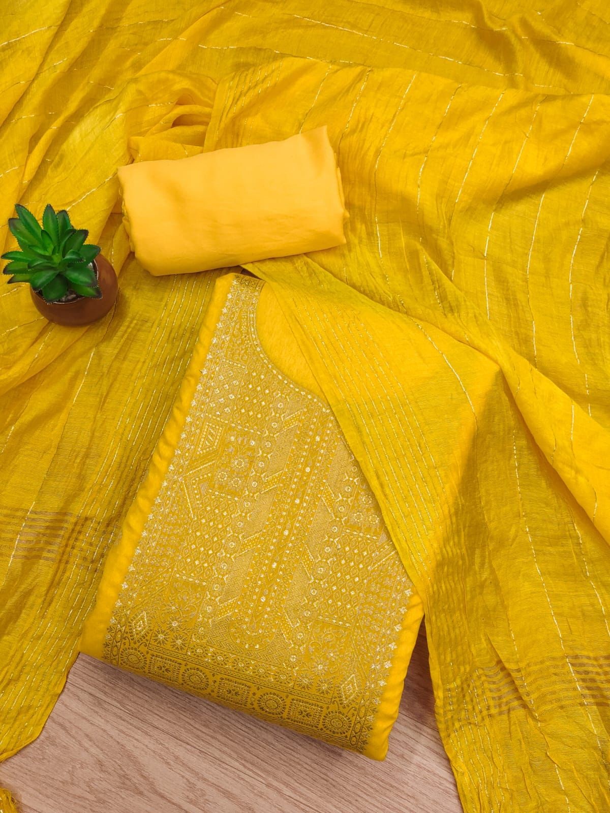 Dress Material Chanderi Jacquard Silk Dyable Orangey Yellow