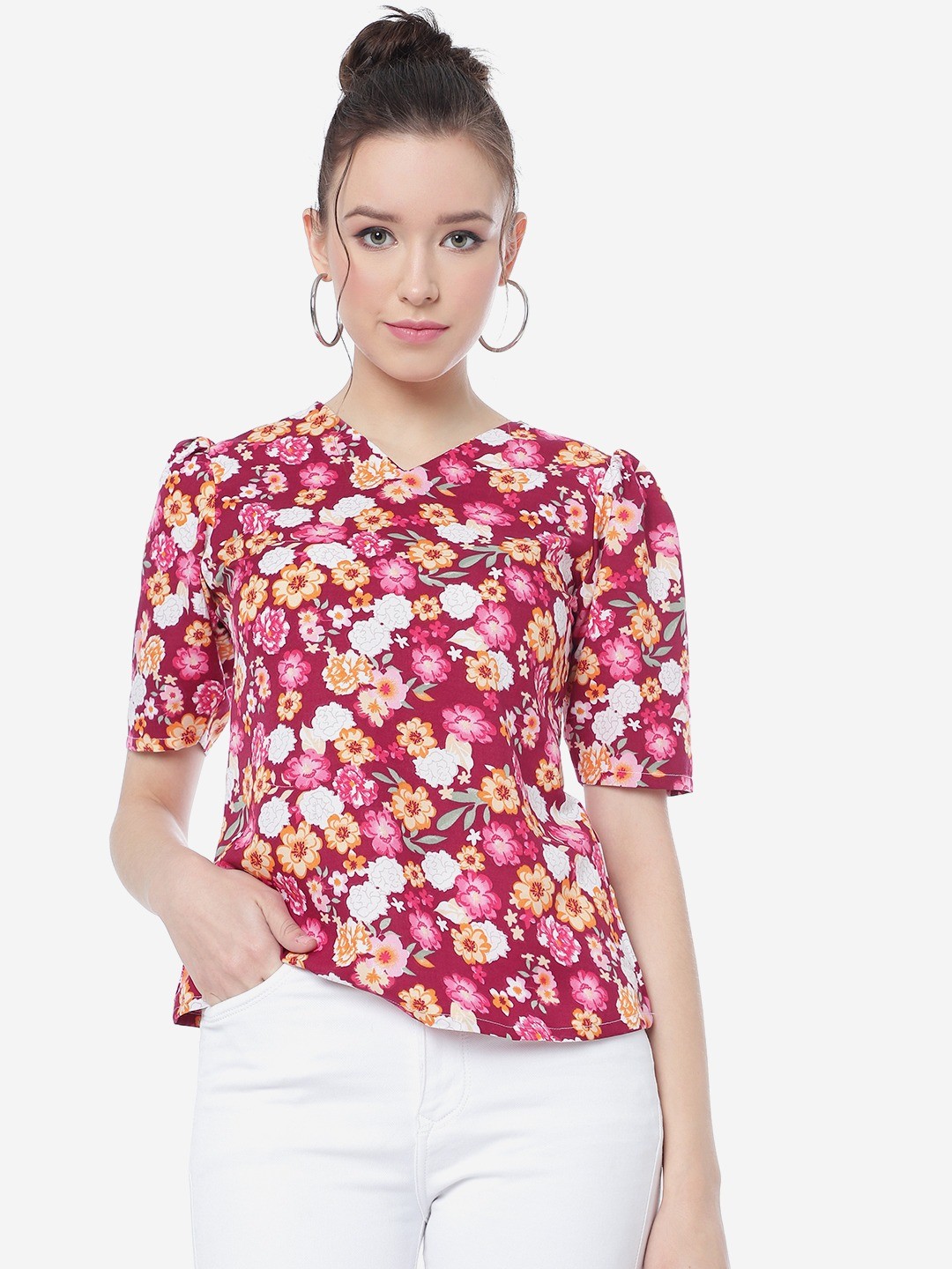 Printed Floral Deep Carmine Casual Top