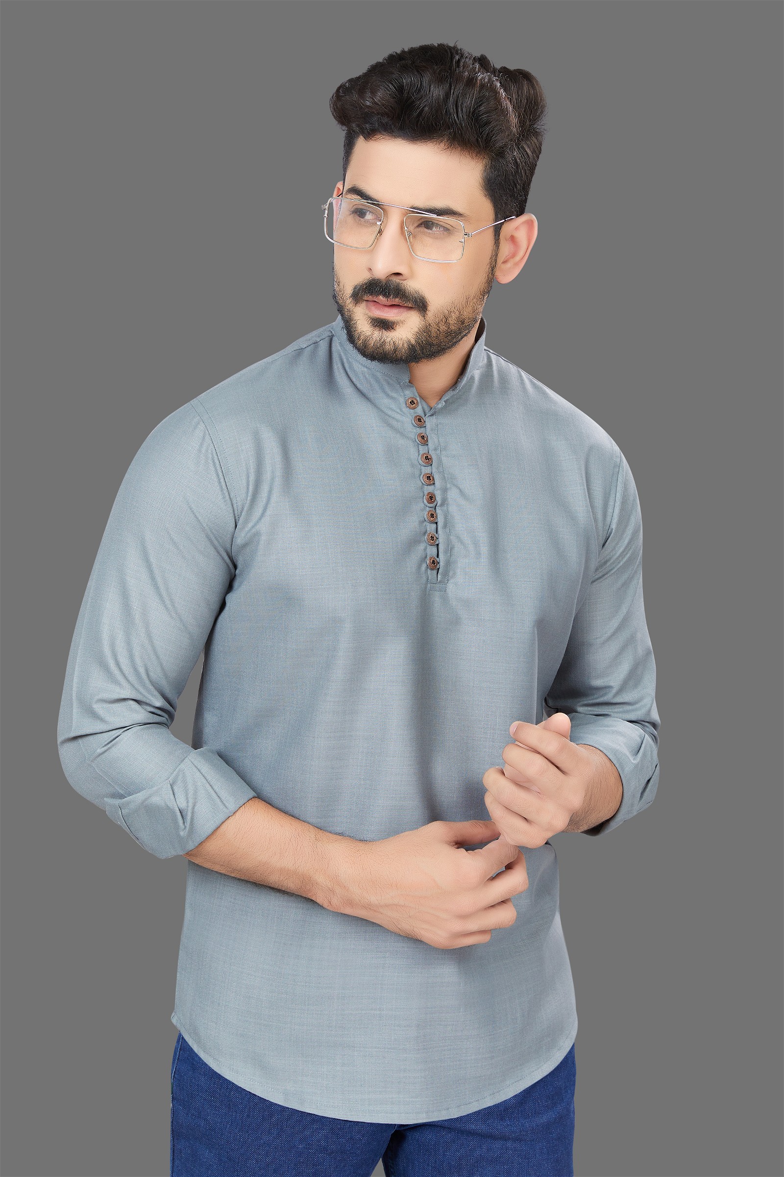 Grey Plain Cotton Short Kurta For Mens Casual Wear