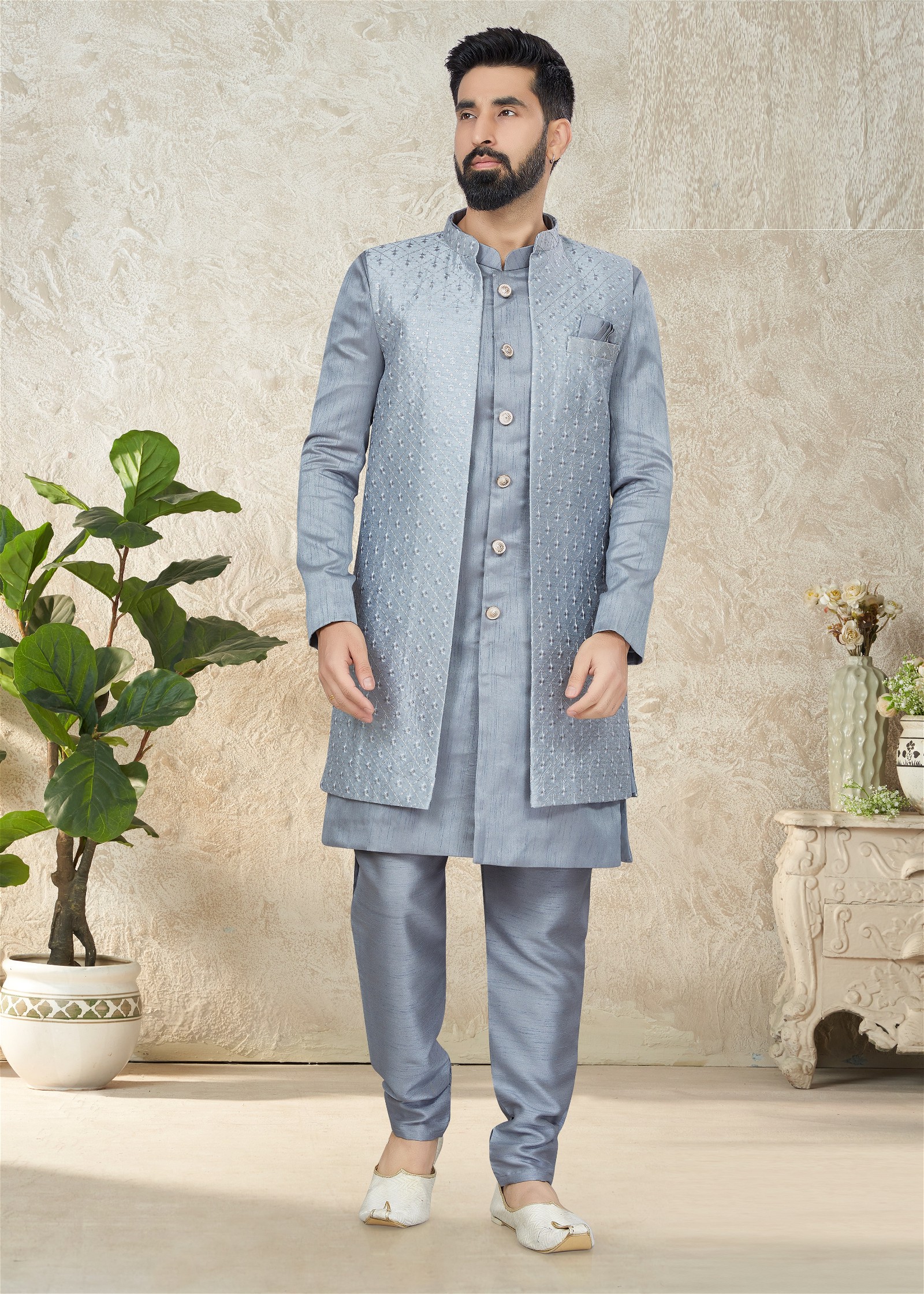 Gray Mens Indowestern Colour