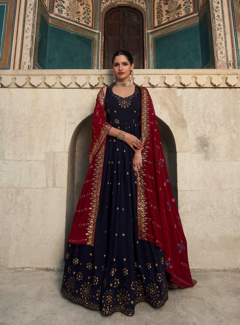 Maroon Stylish Dupatta with Navy Blue Women's Gown