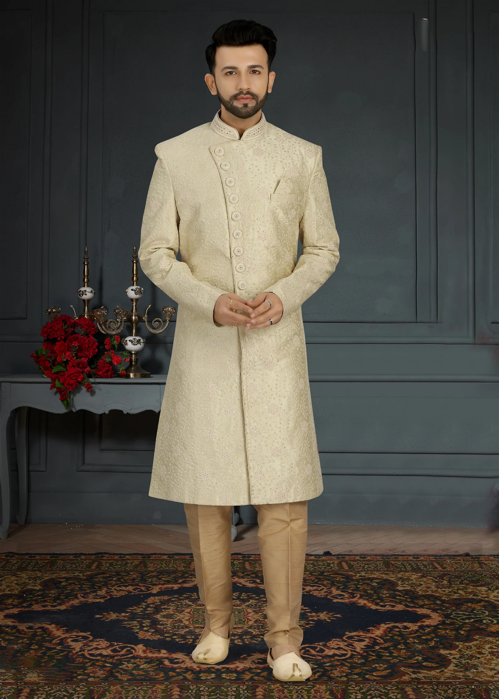 Beige Colour Sherwani For Men Heavy Look Wedding