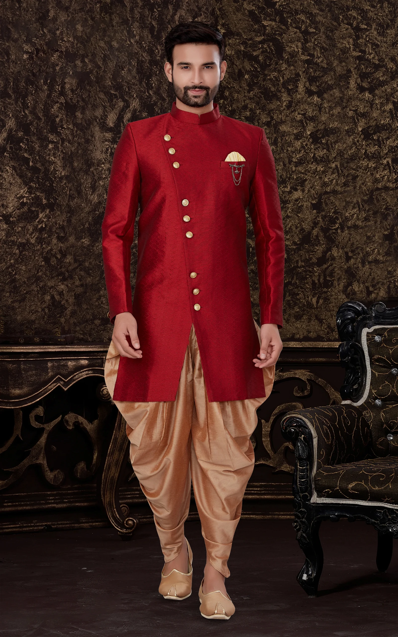 Red Sherwani Mens With Dhoti