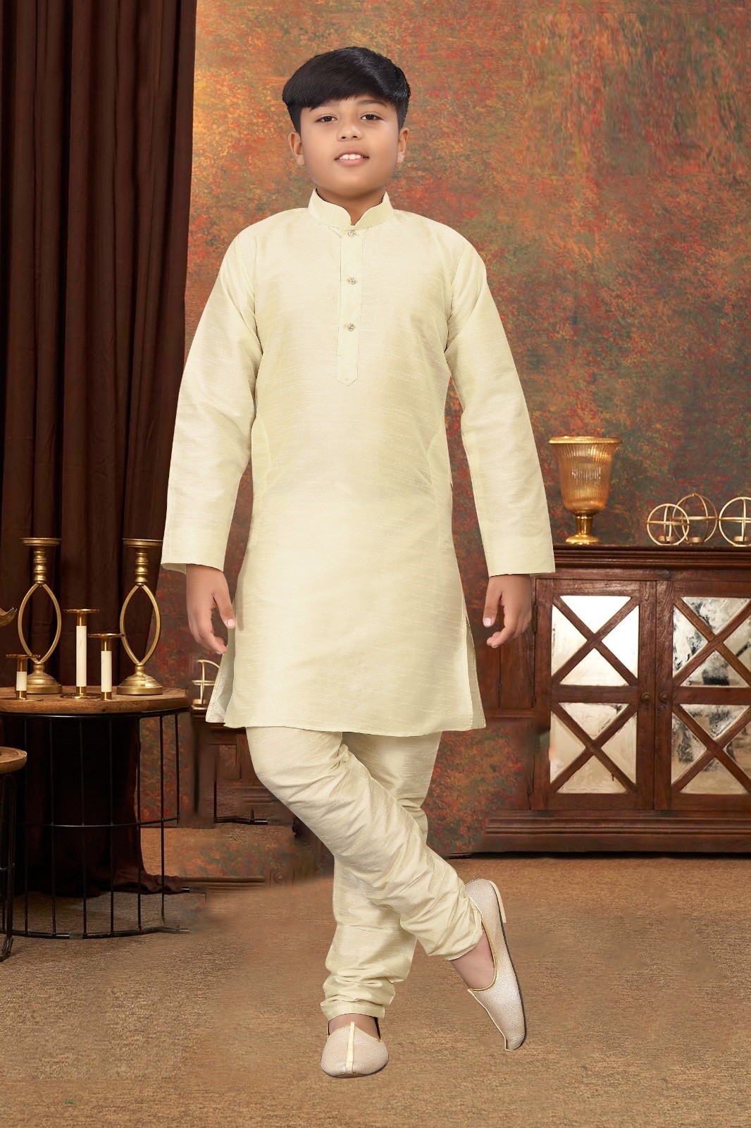 Kids Festival Wear Cream Silk Kurta With Pajama Set For Boy's