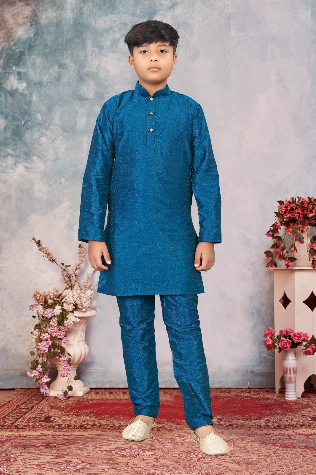 For Kids Festival Wear Teal Blue Silk Kurta With Boy's Pajama Set