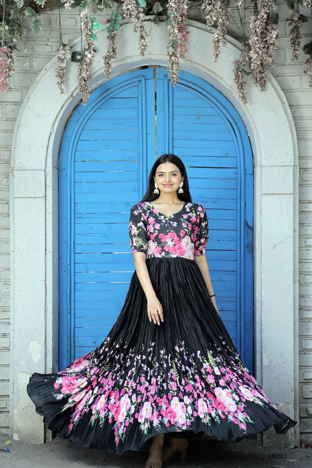 Party Wear Black Floral Designer Full Flared Long Gown