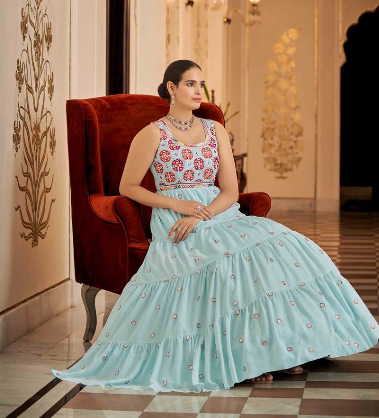 Sky Blue Floral Embroidered Georgette Long Gown Semi-Stitched Stylish