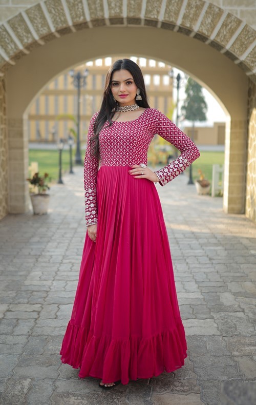 Long Gown Faux Georgette With Embroidered Work Stylish Pink Colour Sequins