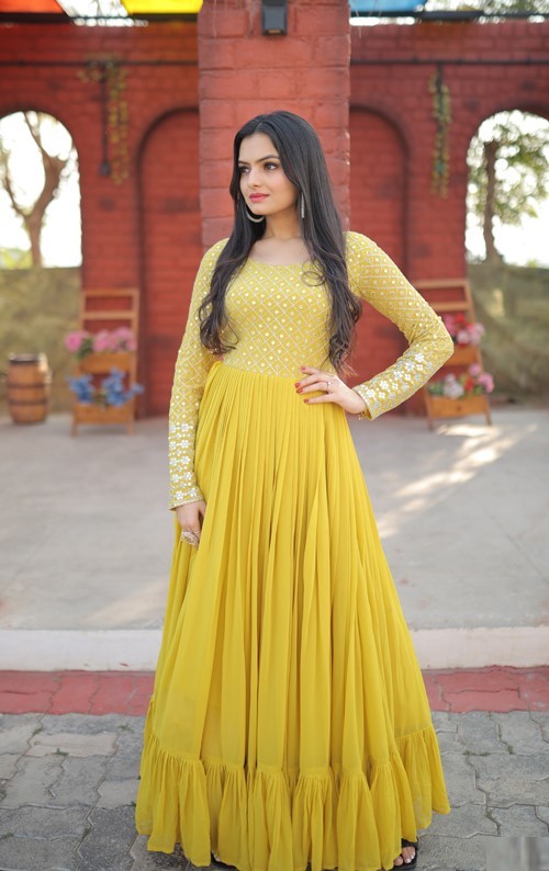 Stylish Faux Georgette Long Gown With Embroidered Work Yellow Colour Sequins