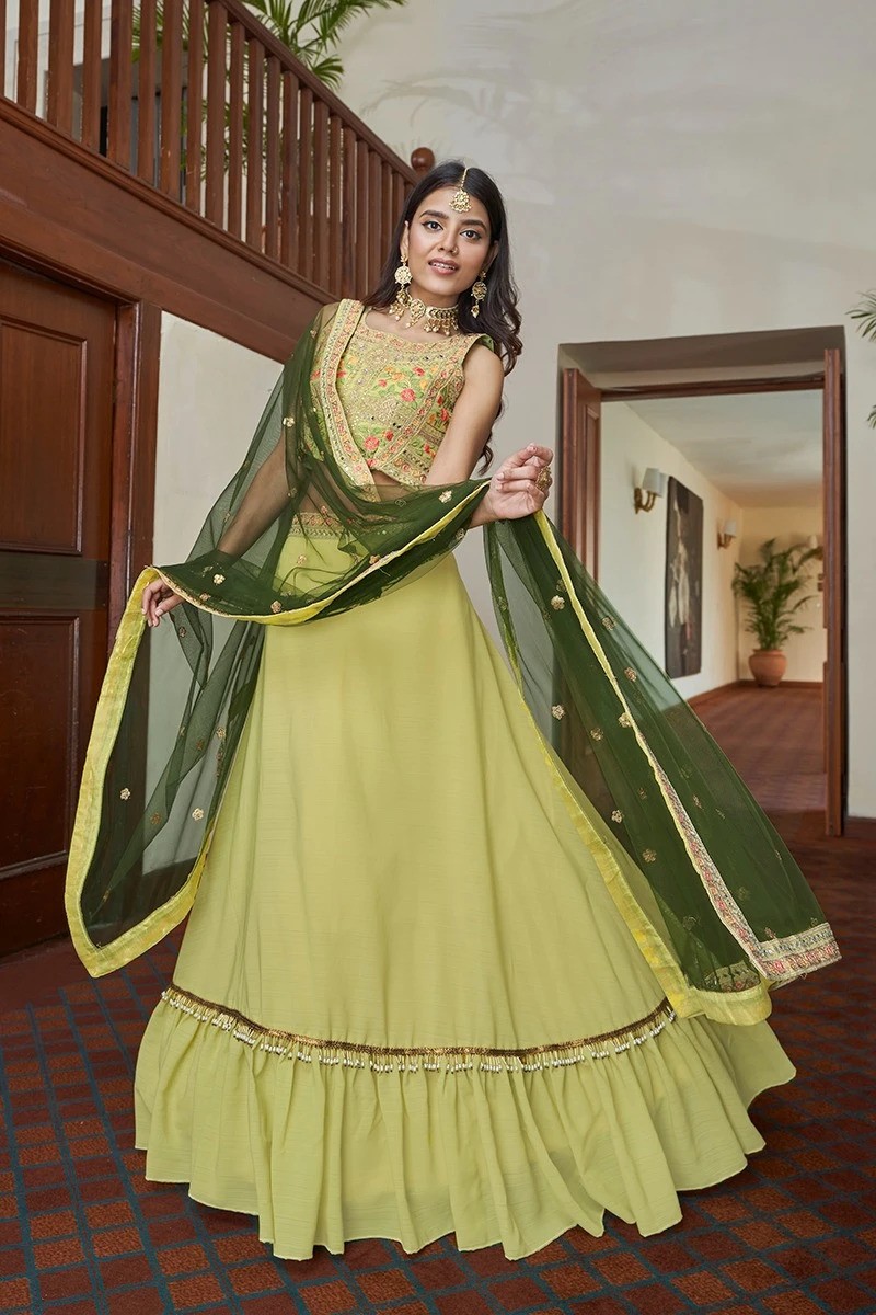 Embroidery Work Lemon Yellow Colour Thread and Lehenga Choli