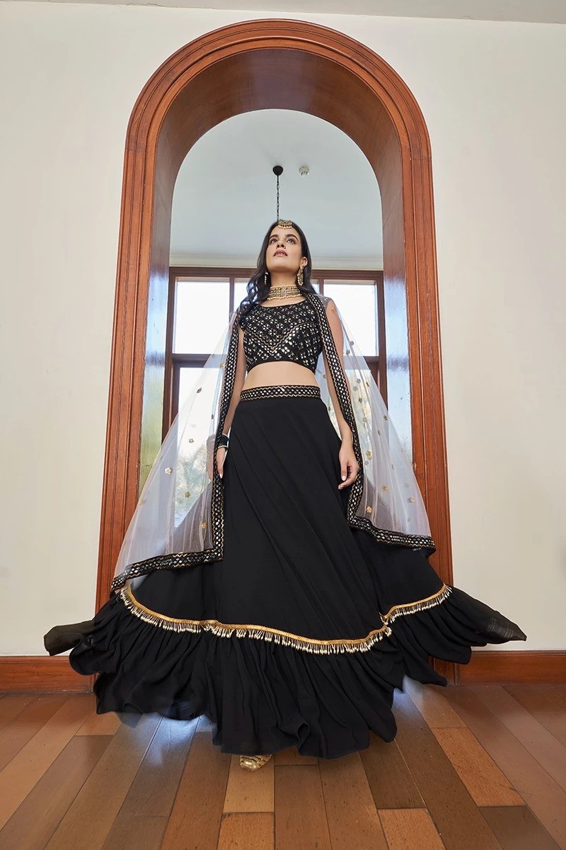 Elegant Black Lehenga with Exquisite Thread Embroidery Choli