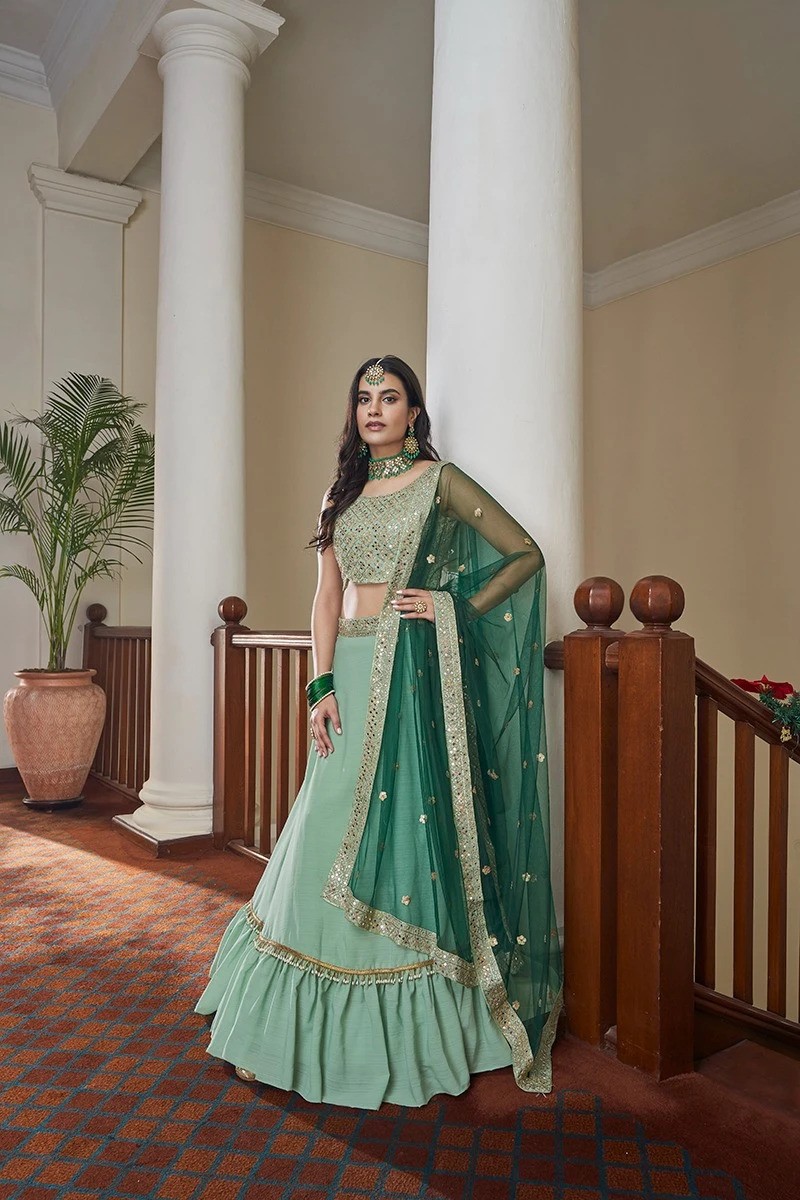 Pista Green Lehenga Choli with Thread Embroidery Work