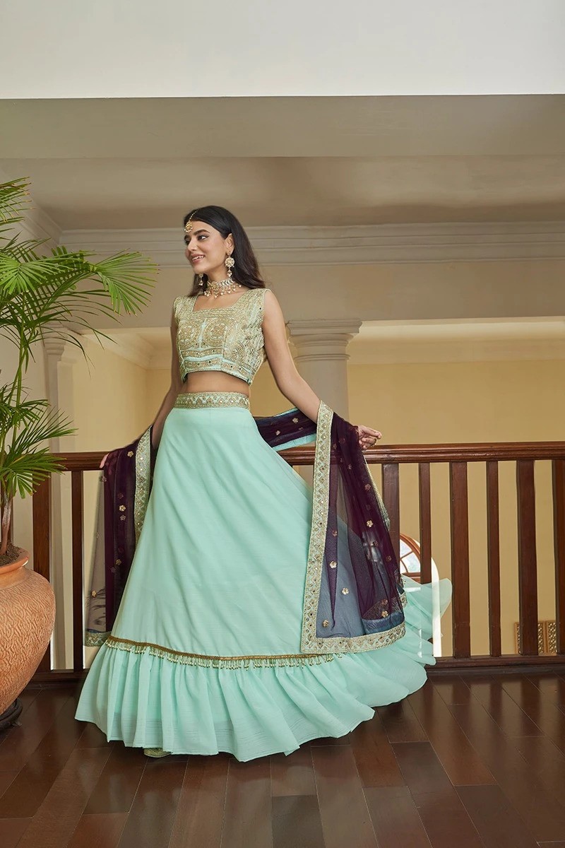 Thread Embroidery Work Aqua Green Colour Lehenga Choli