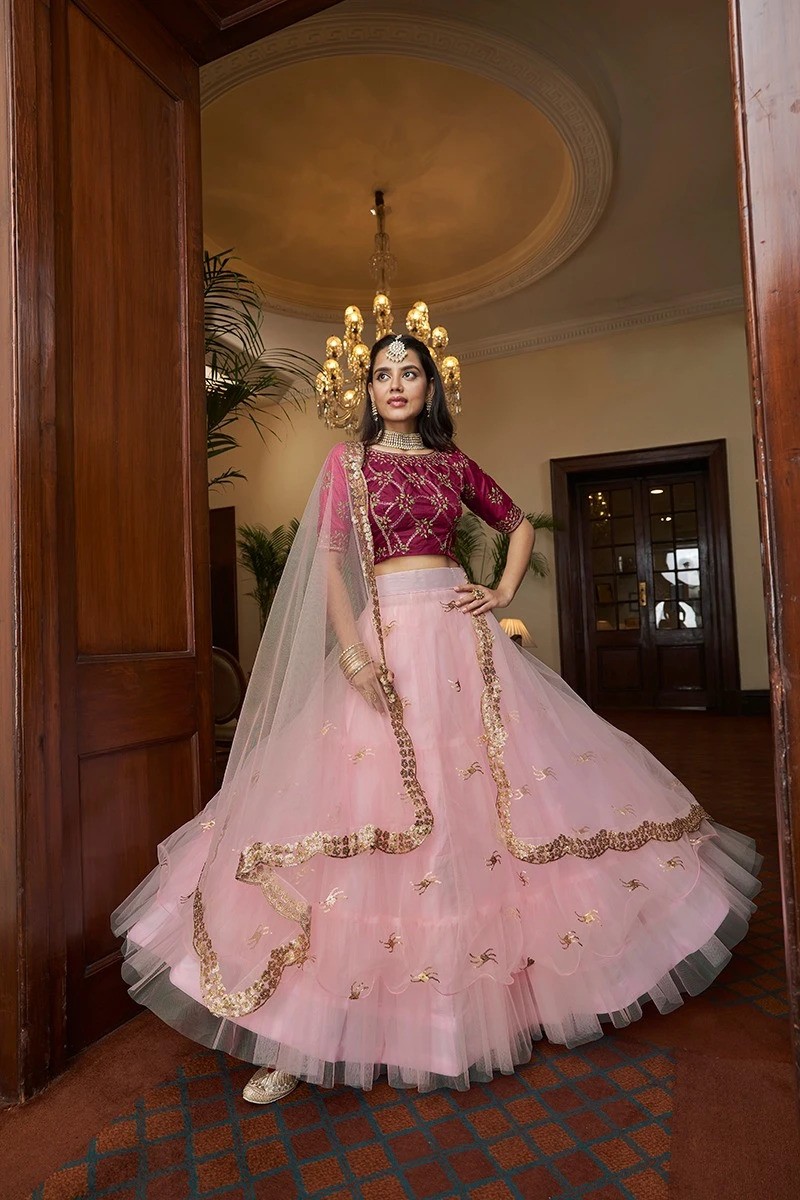 Baby Pink Lehenha Choli with Colour Thread Embroidery Work